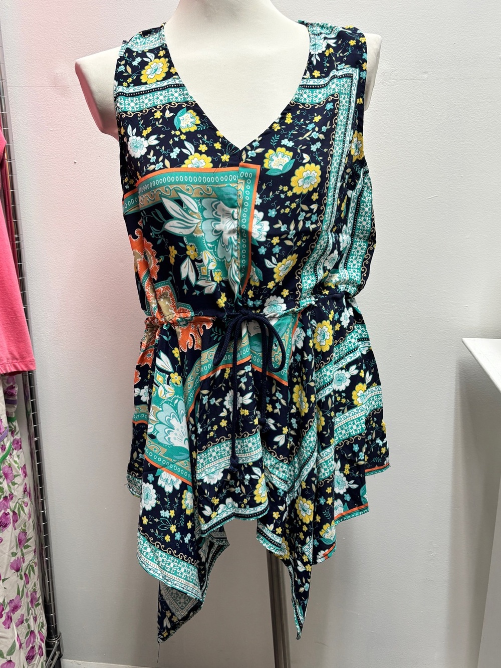 Hayden Navy Floral & Teal Patchwork V-Neck Tie-Waist Tank